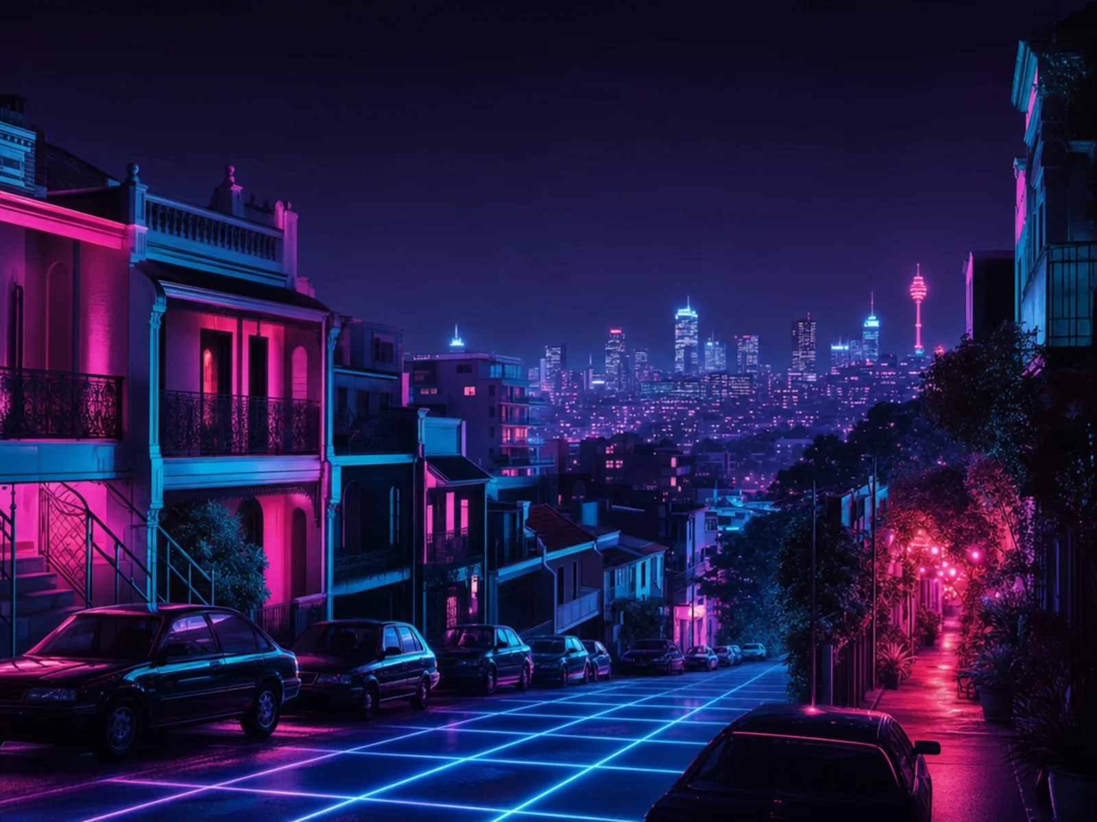 A Darlinghurst street at night in the Surry Hills Removals neon style