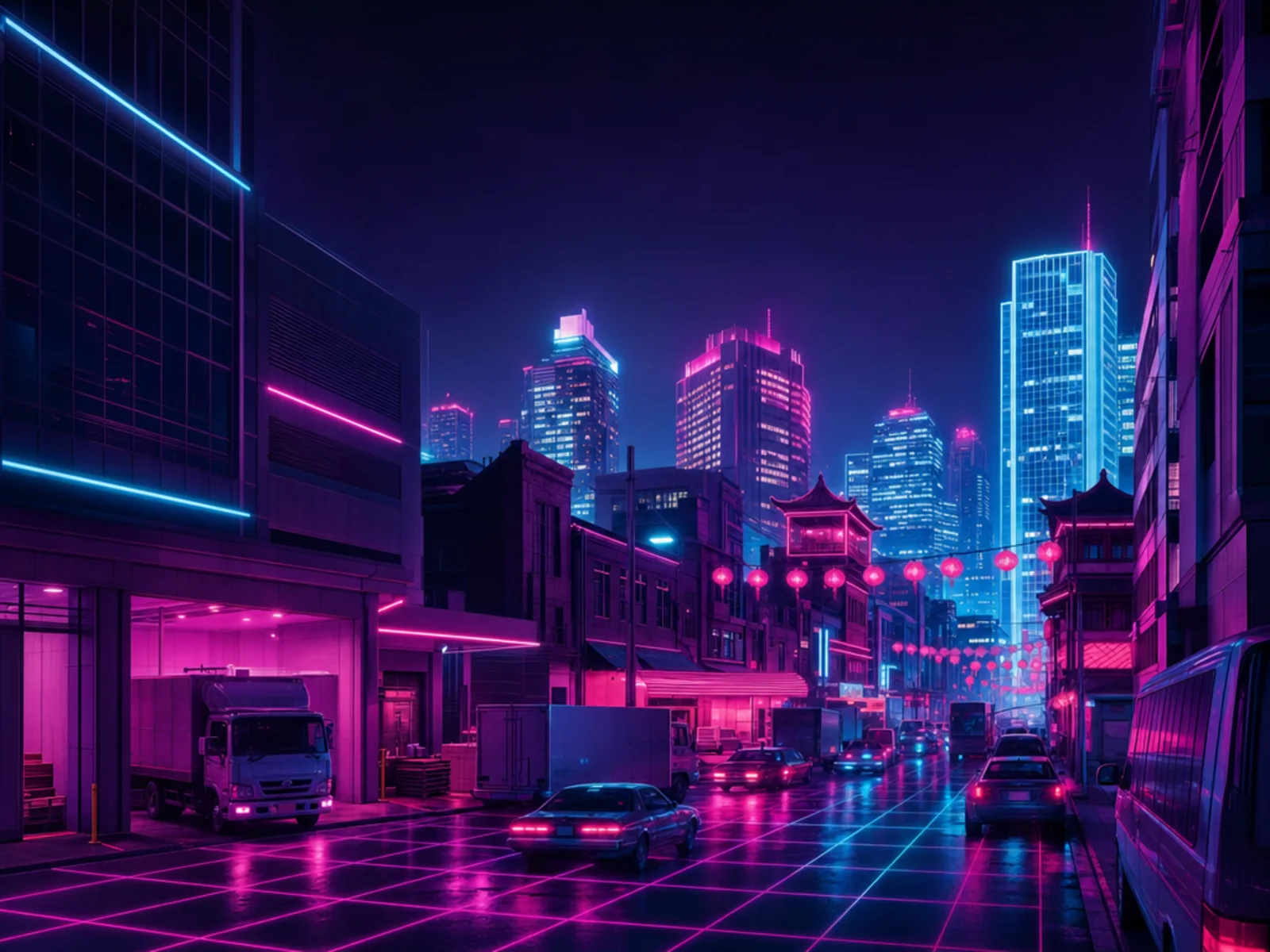A Haymarket street at night in the Surry Hills Removals neon style