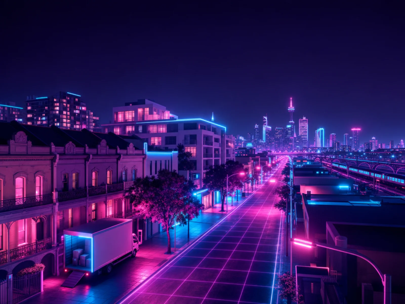 A Redfern street at night in the Surry Hills Removals neon style